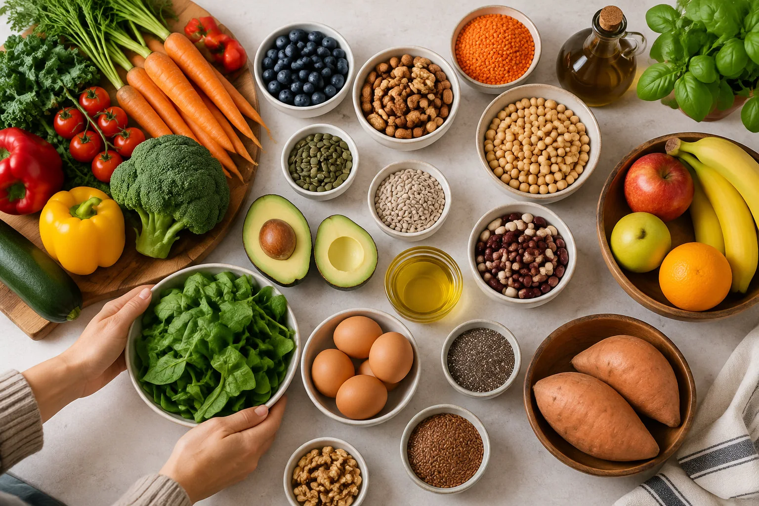 Une personne tient un bol de laitue au milieu d’un assortiment de légumes, de fruits, d’œufs, de légumineuses, de graines et d’huile disposés sur une table.