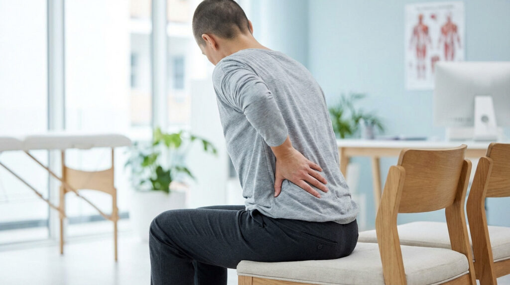 A gender-neutral person in a medical setting, seen from behind, gently touching their lower back, indicating discomfort or concern.