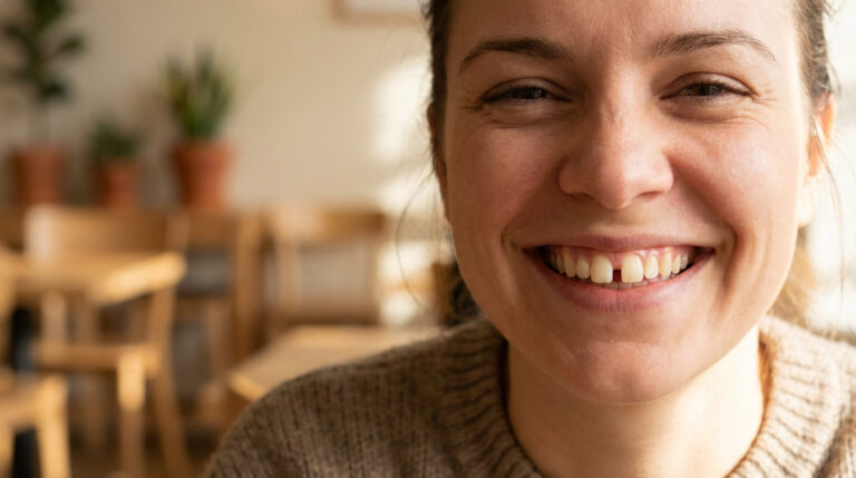 A woman with a genuine, confident smile, highlighting a visible diastema between her front teeth. Soft, warm lighting. Blurred background.
