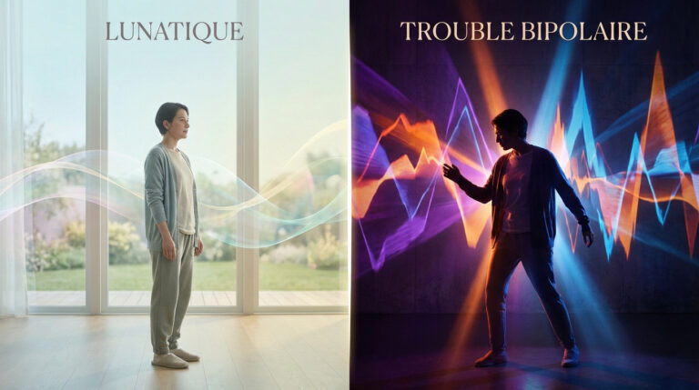 Image divisée. Gauche: femme calme, environnement doux (LUNATIQUE). Droite: homme dynamique, environnement intense (TROUBLE BIPOLAIRE).