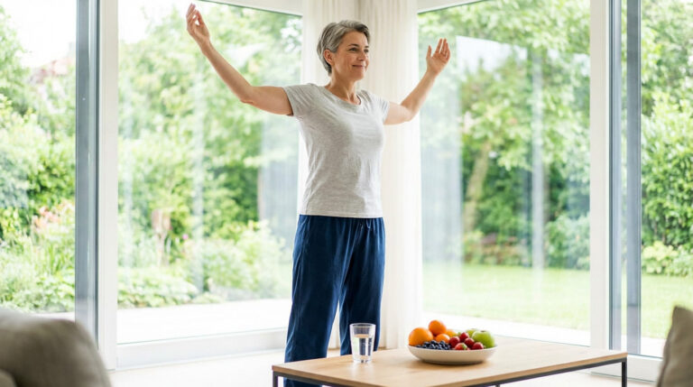 A serene woman in athletic wear stretches in a bright, window-filled room with a garden view. Fruit and water nearby.