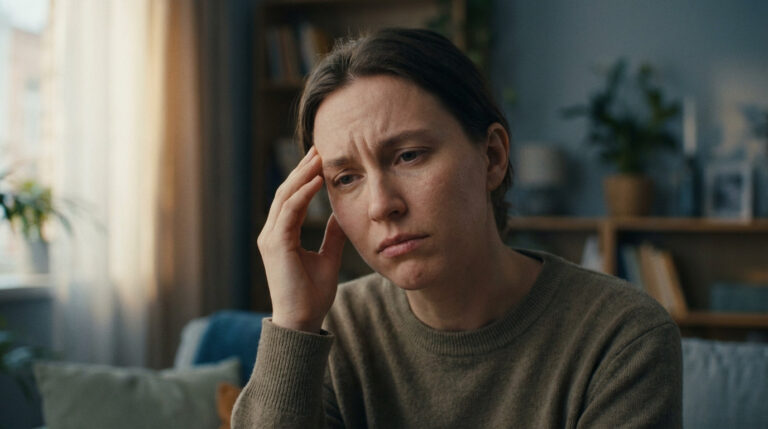 A person with a furrowed brow gently touches their head, conveying subtle discomfort in a warm, diffused indoor light.