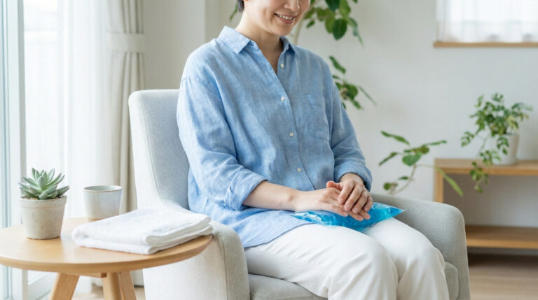 A serene individual in a light blue shirt and white pants sits in a bright, minimalist room, gently holding a blue gel pack on their lap. The scene is peaceful.