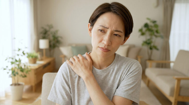Woman in grey t-shirt gently touches her left shoulder, a subtle expression of discomfort or concern on her face, in a blurred, warm-toned room.