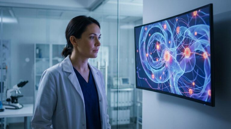 Femme scientifique en blouse blanche observe un écran mural montrant une visualisation 3D détaillée de neurones et synapses lumineux.