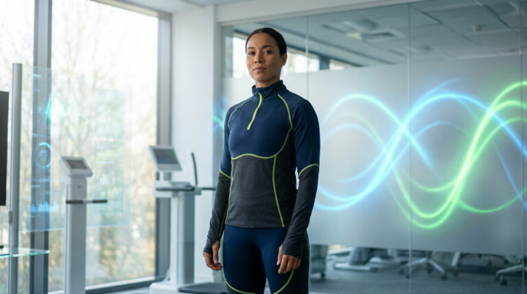 Femme athlétique en tenue de sport devant des écrans de données et des ondes lumineuses dans un centre de fitness moderne.