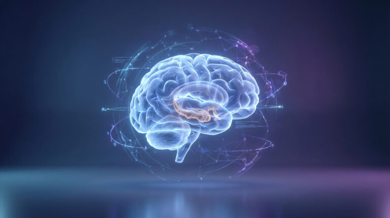 Luminous 3D human brain rendering with highlighted atrophied hippocampus, surrounded by glowing neural data lines on a blue-purple gradient.