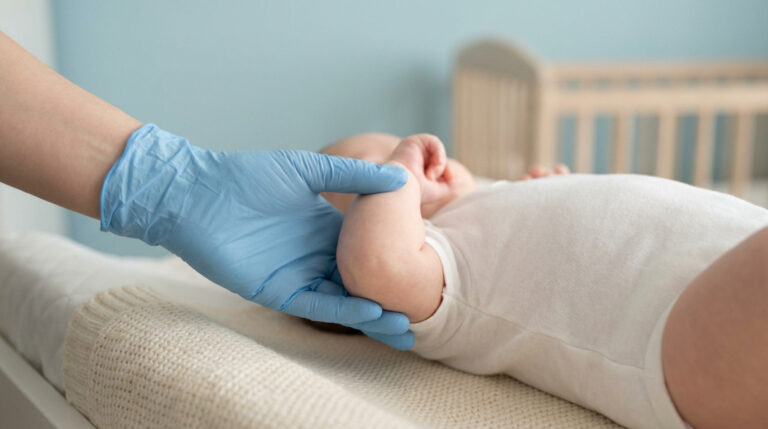 Main gantée bleue évaluant le bras d'un bébé allongé. Scène médicale pour nouveau-né avec lit d'enfant en arrière-plan.