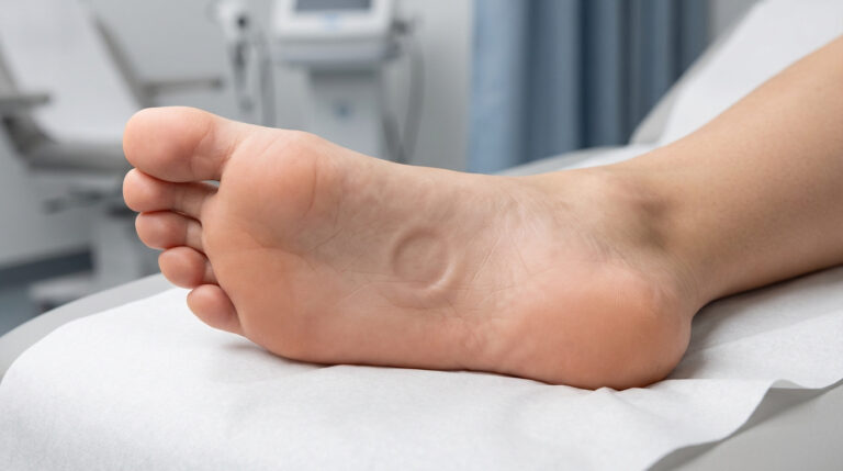 Gros plan sur la plante d'un pied humain présentant une verrue plantaire creusée, potentiellement une myrmécie, lors d'un examen médical.