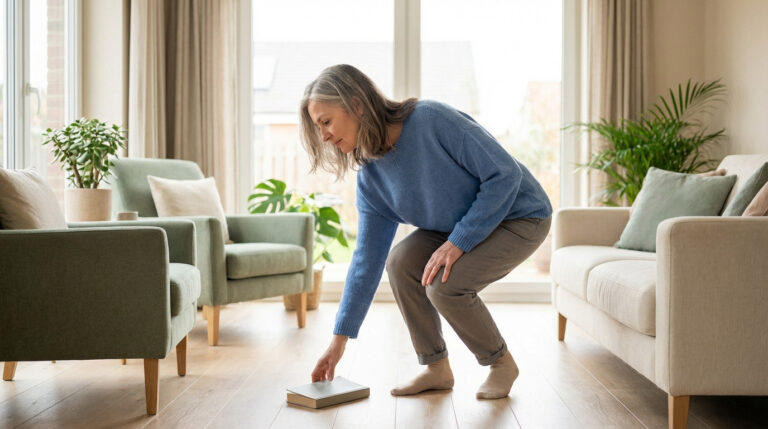 Middle-aged woman with grey hair safely picks up a book from the floor in a bright, modern living room, maintaining good posture.