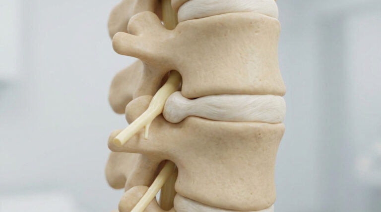 Modèle 3D de colonne vertébrale lombaire montrant une hernie discale compressant un nerf rachidien entre deux vertèbres.