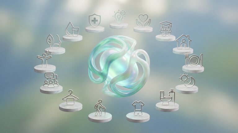 Abstract glowing core surrounded by 15 minimalist icons representing fundamental human needs like breathing, eating, rest, and safety.