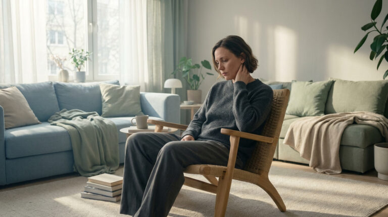 Femme aux cheveux courts, pensive, main sur le cou, assise dans un fauteuil en osier dans un salon lumineux et apaisant.