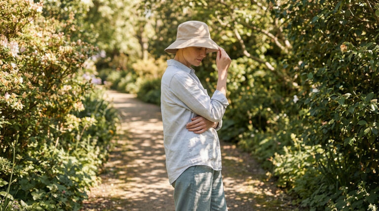 Femme en chemise longue et chapeau à larges bords, le visage ombragé, marchant dans un jardin ensoleillé.