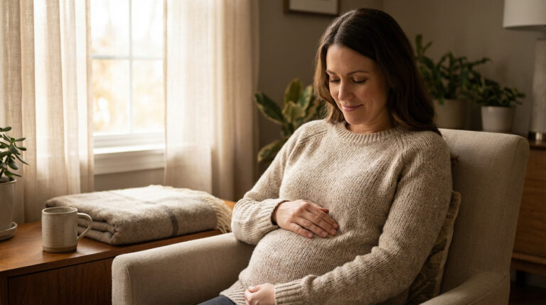 A woman in a beige sweater, gently touching her pregnant belly, sits in a sunlit room with a mug and blanket.