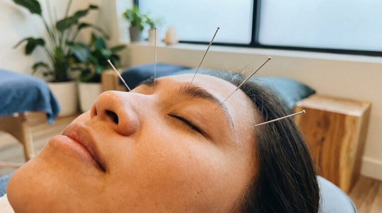 Close-up of a person's face receiving delicate acupuncture around the eyes and forehead in a serene, modern clinic setting.