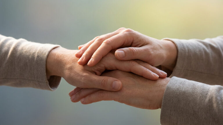 Close-up of hands gently resting, conveying introspection and care. Blurred background transitions from grey-blue to yellow-green, symbolizing recovery.