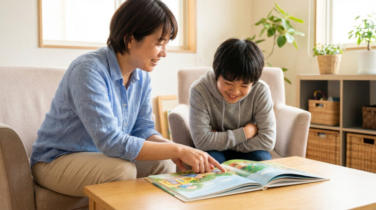 A smiling adult and child read a colorful picture book together on a wooden table in a bright, calm room, sharing a gentle moment.