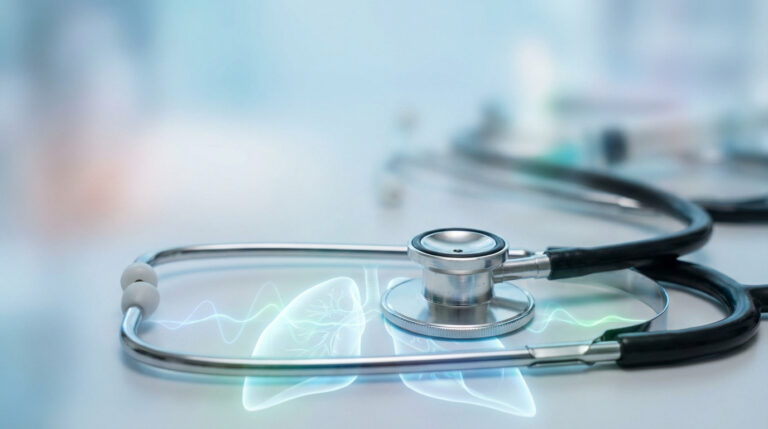 Stéthoscope sur table avec poumons stylisés et ondes lumineuses, évoquant l'auscultation pulmonaire et l'analyse sonore.