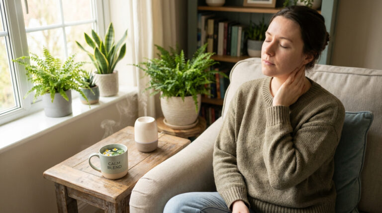 Une femme se détend sur un canapé, main sur la nuque, près d'une tisane "CALM BLEND" et d'un diffuseur.