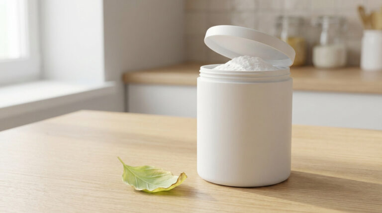 Pot ouvert de poudre blanche (bicarbonate) sur un comptoir en bois, avec une feuille jaunie à côté. Arrière-plan de cuisine lumineuse.