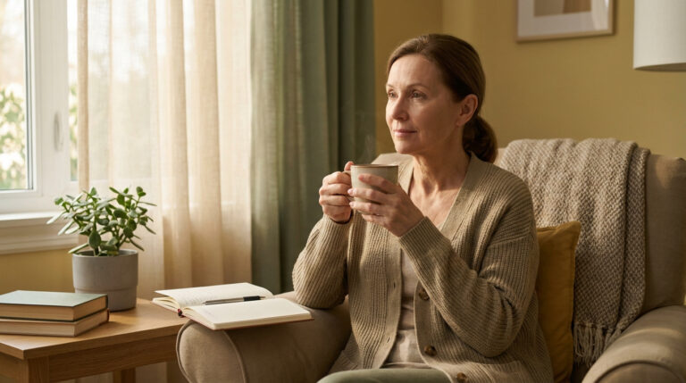 Femme sereine buvant un thé dans un fauteuil près d'une fenêtre, carnet et livres à portée de main, évoquant le bien-être quotidien.