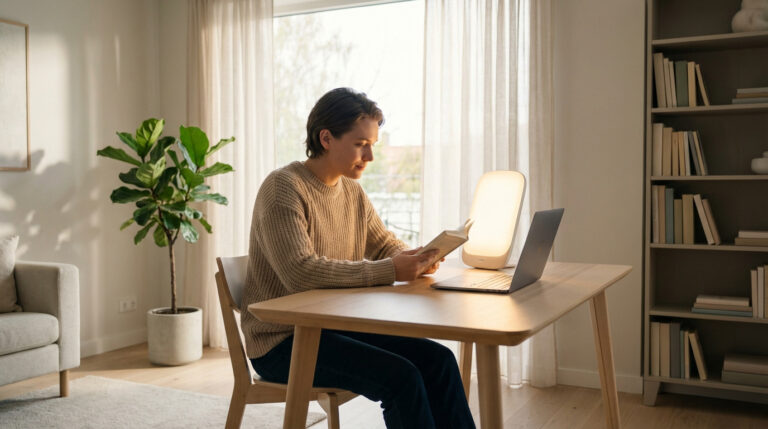 Personne lit un livre devant une lampe de luminothérapie sur un bureau en bois. Ambiance lumineuse et sereine à la maison.