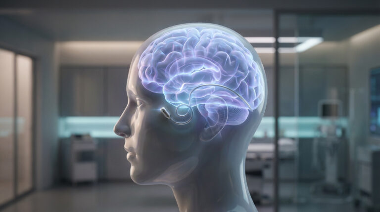 Modèle 3D d'une tête transparente montrant un cerveau lumineux avec un dispositif d'électrostimulation implanté, fond flou de laboratoire.