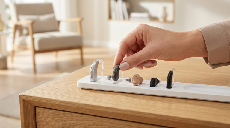 Main féminine choisissant un appareil auditif noir parmi des modèles intra-auriculaires et contours d'oreille sur un support blanc.