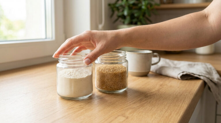 Main saisissant un pot de poudre blanche, à côté d'un pot de granulés bruns sur un comptoir en bois, évoquant des choix de format.