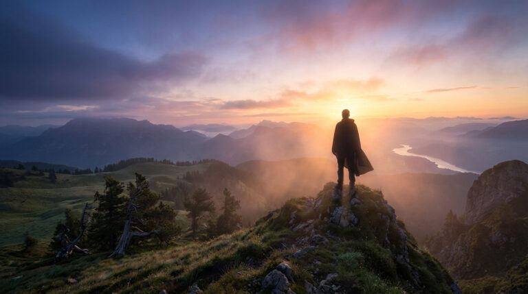 Silhouette en cape sur un pic rocheux, face à un lever de soleil éclatant sur un vaste paysage de montagnes et vallées brumeuses.