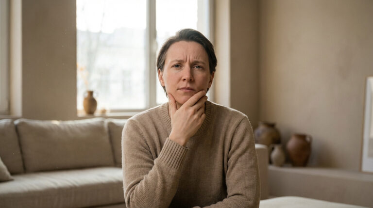 Une femme pensive, la main sous le menton, exprime de l'inquiétude pour sa santé, peut-être liée à une infection faciale.