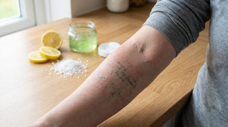 Bras avec un tatouage effacé et peau irritée. Citron, sel et gel vert sur un comptoir, suggérant un détatouage maison raté.