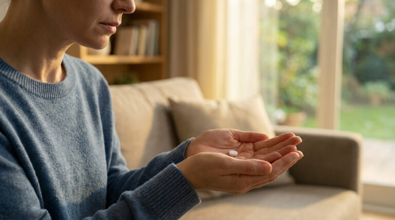 Une personne tient une pilule blanche dans ses mains jointes, le visage pensif, dans un intérieur lumineux.