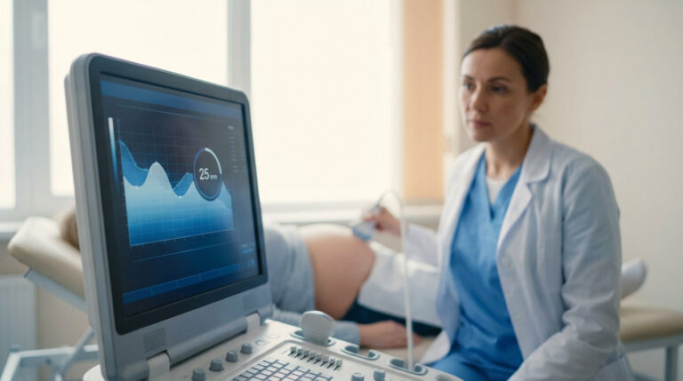 Échographie du col utérin : une médecin mesure la longueur du col d'une patiente enceinte, affichant 25 mm sur l'écran.