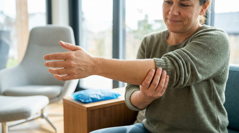Femme en pull vert souriante, massant son coude. Une poche de glace est visible, suggérant le soulagement d'un tennis elbow.