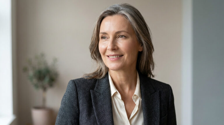 Portrait d'une femme mature aux cheveux poivre et sel, affichant un sourire serein et un visage radieux. Elle regarde vers la droite.