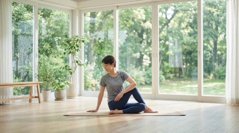 Femme en tenue de sport faisant un étirement torsadé sur un tapis de yoga dans une pièce lumineuse avec jardin.