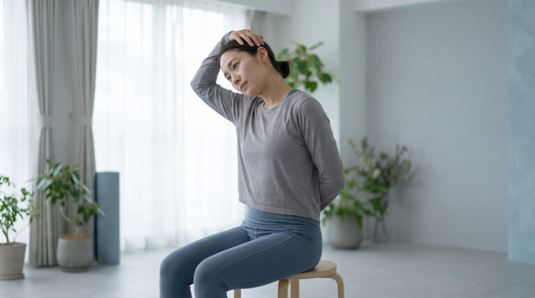 Femme réalisant un étirement du cou pour améliorer la posture, assise sur un tabouret. Ambiance calme et lumineuse.