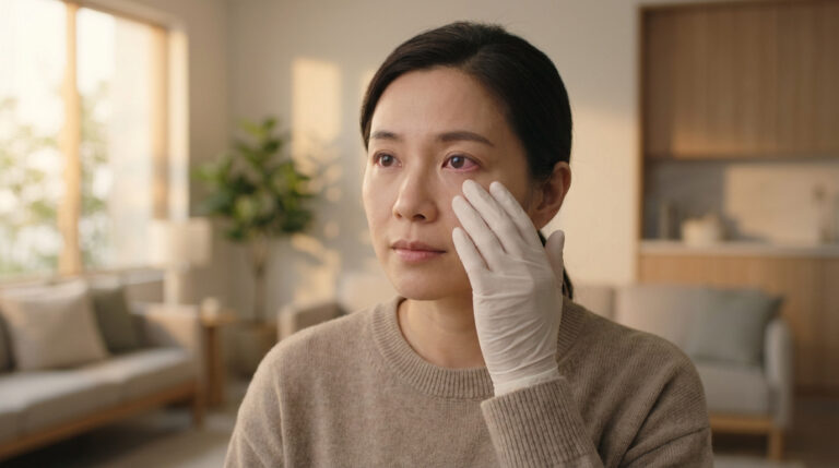 Gros plan sur une femme asiatique à l'œil droit très rouge, touchant son visage avec un gant blanc dans un intérieur lumineux.