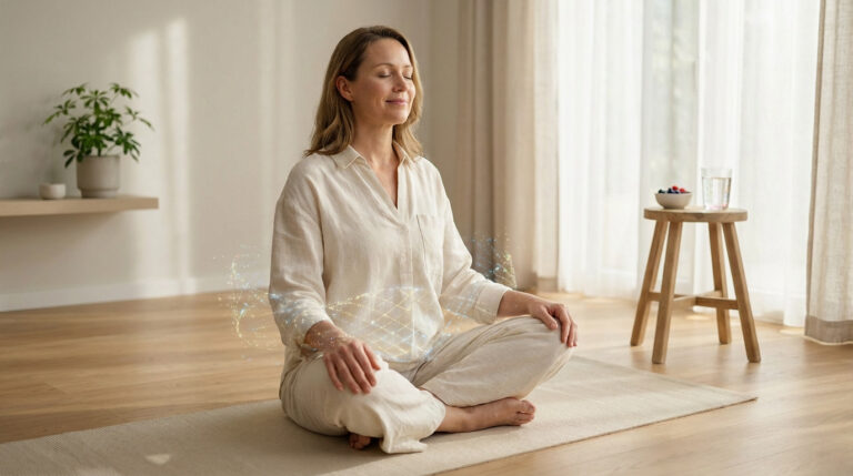 Femme aux yeux clos en méditation sur un tapis de yoga. Vêtue de lin clair, elle est entourée d'un effet lumineux numérique subtil.