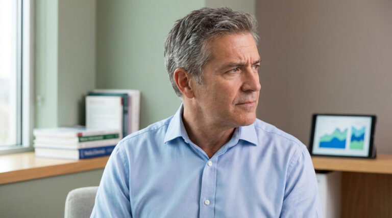 Homme d'âge mûr aux cheveux gris, chemise bleue, le regard pensif. Dans un bureau avec livres et tablette graphique en arrière-plan.