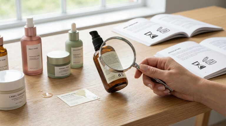 Main tenant une loupe pour lire l'étiquette d'une bouteille de cosmétique sur une table en bois clair avec d'autres produits et un livret.