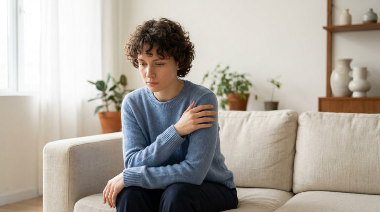 Jeune femme assise sur un canapé beige, pull bleu, main sur son bras, le regard baissé avec une expression pensive ou inquiète.