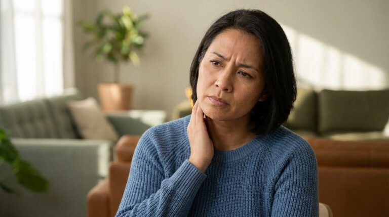 Femme asiatique d'âge moyen, front plissé, main sur le cou, l'air préoccupé dans un salon moderne.