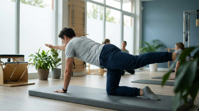 Un homme réalise un exercice de gainage sur un tapis gris, un bras et une jambe opposés levés, dans un studio de kinésithérapie.