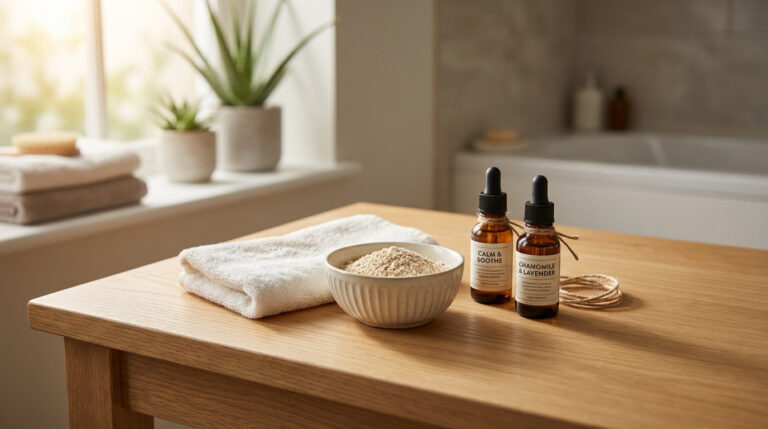 Préparations apaisantes : bol de poudre d'avoine, huiles essentielles Calm & Soothe, camomille et lavande sur une table.
