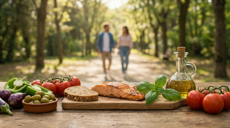 Composition d'aliments sains (saumon, légumes, huile d'olive) sur table en bois, couple marchant sur chemin ensoleillé.