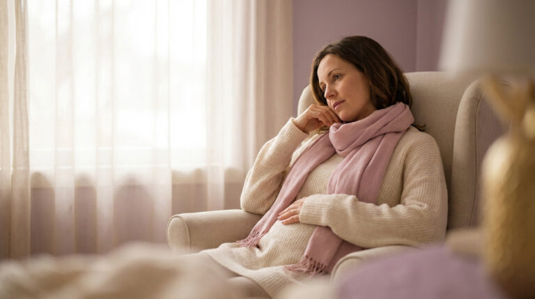 Une femme enceinte, vêtue d'un pull beige et d'une écharpe rose, est assise pensivement dans un fauteuil clair près d'une fenêtre.