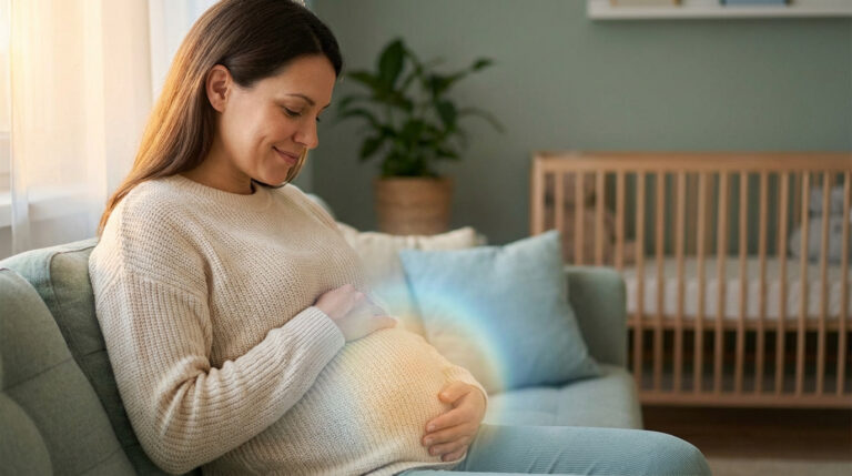 Femme enceinte souriante caressant son ventre lumineux sur un canapé, avec un berceau visible en arrière-plan.